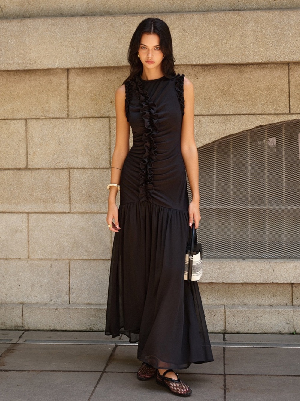 NWT Commense Black Ruffled Detail Ruched-Front Sleeveless Maxi Dress Size S - Picture 6 of 16